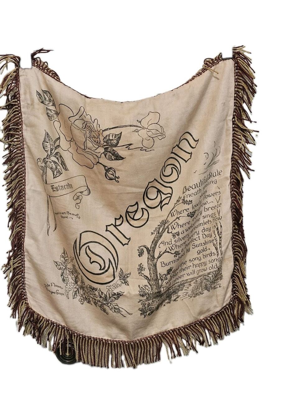 Vtg Oregon Souvenir Pillow Cover Case Fringe Estacada Rose Cream Satin Sham READ